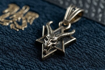 Intricate Metal Pendant with Horned Skull Design on Dark Background Occult Jewelry Gothic Acc