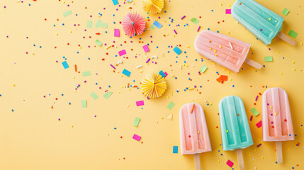 Colorful popsicles and paper fireworks arranged on a light yellow background with large empty space—playful and festive summer-themed design...