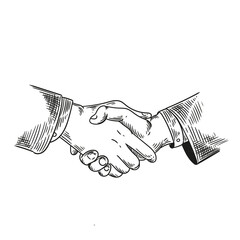 Hand-drawn illustration of hands performing handshake actions closing a deal in linear style.
