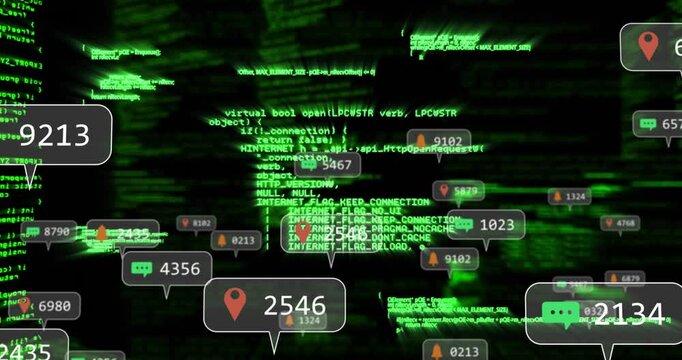 Cascading green code initiating red pins and chat icons, alert bells floating framing code metrics