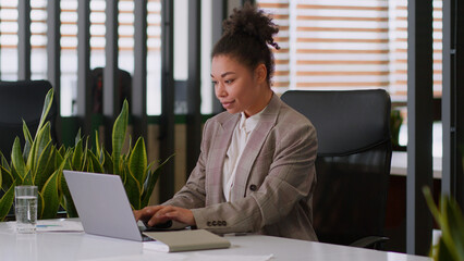 Serious ethnic woman African American girl businesswoman female employer broker agent lady business...