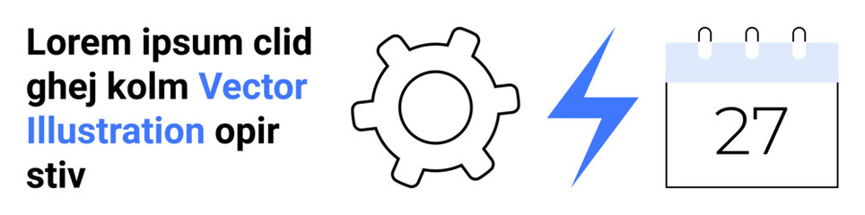 Gear, lightning bolt, and calendar dated 27 convey themes of productivity, energy, scheduling, planning, project management. Ideal for technology, workflow deadlines events teamwork simple