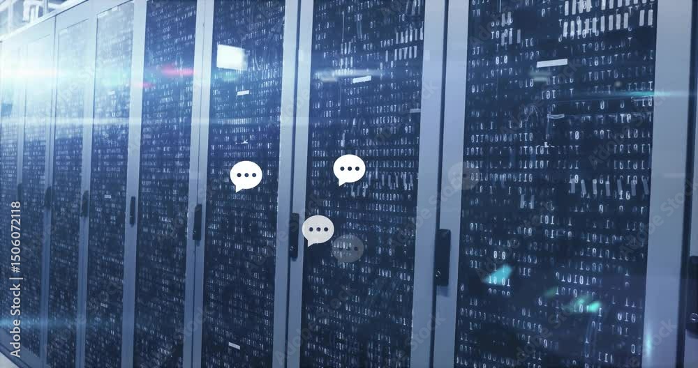 Poster opening binary-etched server racks, chat bubbles emerging clustering fading visualizing data flow