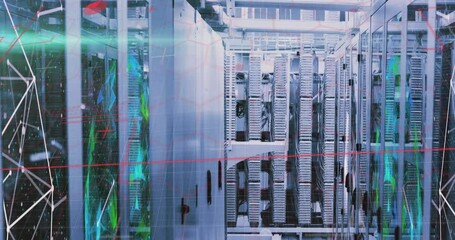 Digital overlay appearing on server racks, laser scanning and camera gliding highlighting LEDs - Powered by Adobe