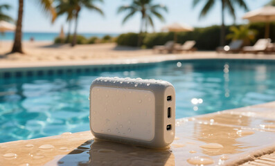 Water-Resistant Portable Power Bank with Droplets by Swimming Pool Edge with Beach and Palm Trees Background