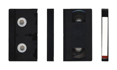 VHS videocassette in different sides without cover sleeve on transparent background with blank space for mockup