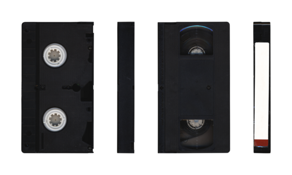 VHS videocassette in different sides without cover sleeve on transparent background with blank space for mockup
