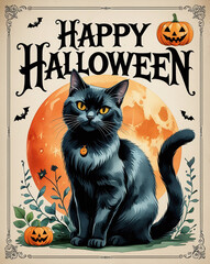 Festive Halloween themed poster of a black cat with pumpkins and bats