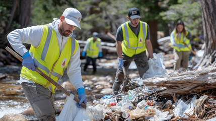 People in safety gloves removing trash by riverside, sunlight filtering through trees