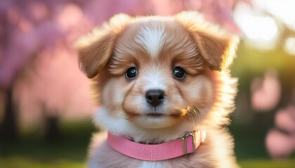 cute puppy with fluffy fur and expressive eyes wearing pink collar exudes playful and friendly demeanor
