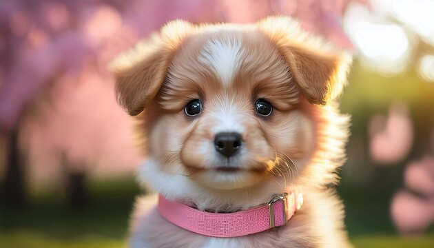 cute puppy with fluffy fur and expressive eyes wearing pink collar exudes playful and friendly demeanor