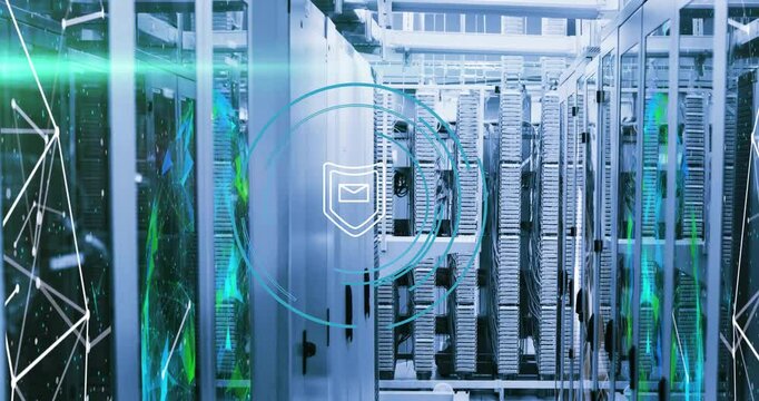 Green scan beam sweeping server racks initiating nodes and pulsing rings ensuring email protection