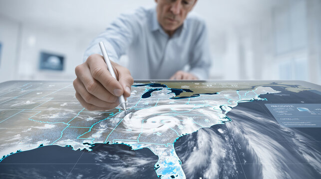 Weather analyst using stylus on digital map, hurricane path glowing across states