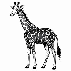 Naklejka premium Sketch African giraffe black and white illustration. Giraffe drawn sketch in doodle style on a white background. Illustrated in vintage hand-drawn style.