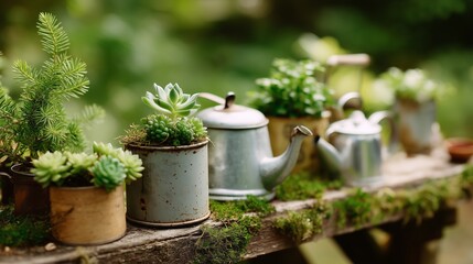 Succulent plants arranged on a wooden table with vintage watering cans and greenery in a peaceful garden setting