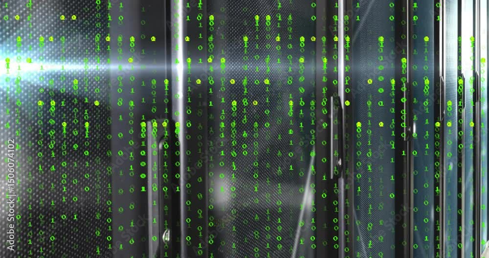 Poster green binary digits flowing mesh doors starting flare sweeping then network nodes showing data flow