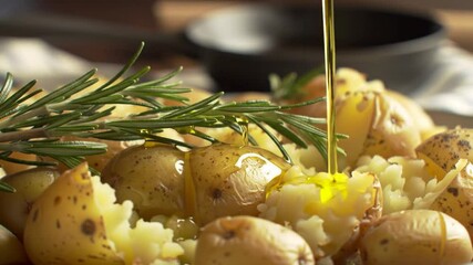 Smashed Baby Potatoes Topped With Olive Oil And Rosemary Sprigs - Powered by Adobe