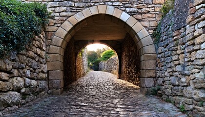 Fototapeta premium stone archway and cobblestone path in stone wall