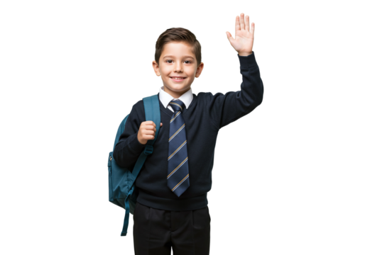 Boy in school uniform raising hand with backpack, full-body on seamless white background, symbolizing learning and curiosity