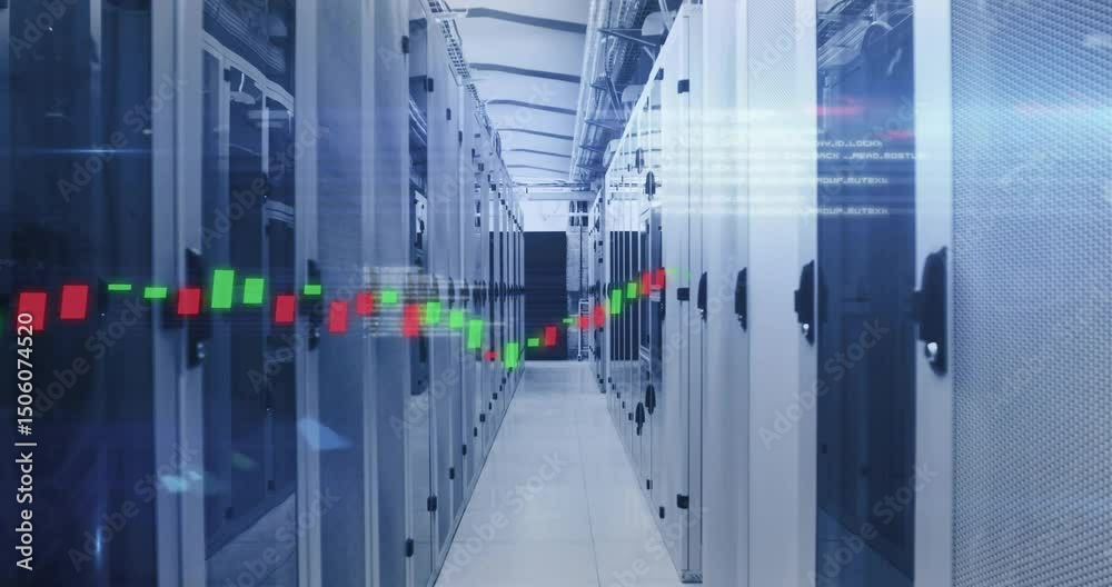 Poster on startup candlestick chart fading in and sliding through server aisle tracing performance