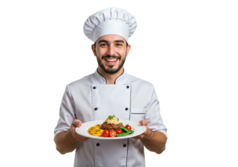 Proud young chef holding gourmet dish, smiling in professional attire, full-body on white studio background