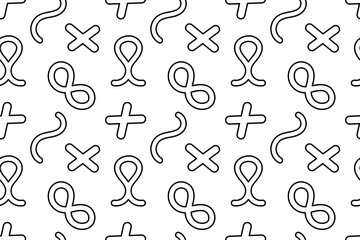 Seamless pattern, coloring page with abstract shapes symbols such as loops, crosses, and wavy lines. Geometric background. For entertaining, black and white design, DIY, wrapping paper or wallpaper.