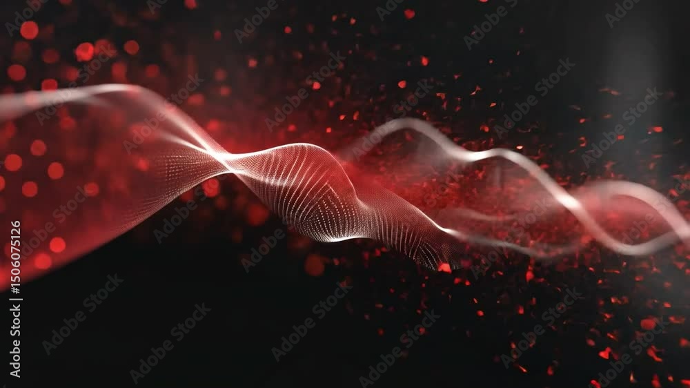 Poster dynamic abstract red wave pattern with energetic visuals and flowing particles, evoking movement and