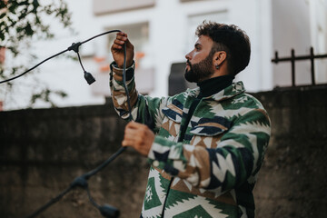 Person adjusting string lights outside while wearing a patterned jacket during daylight. This photo...