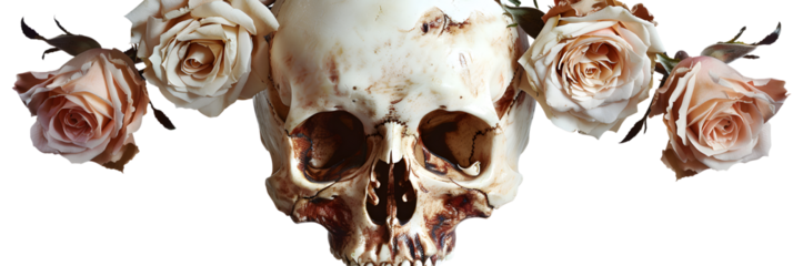 A skull surrounded by roses, symbolizing life, death, and artistic beauty.