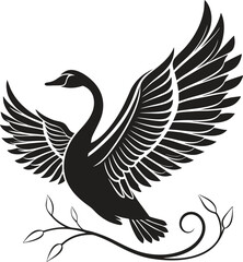 Elegant black swan with spread wings and floral design
