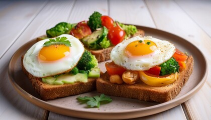 two slices of bread topped with vegetable and fried egg