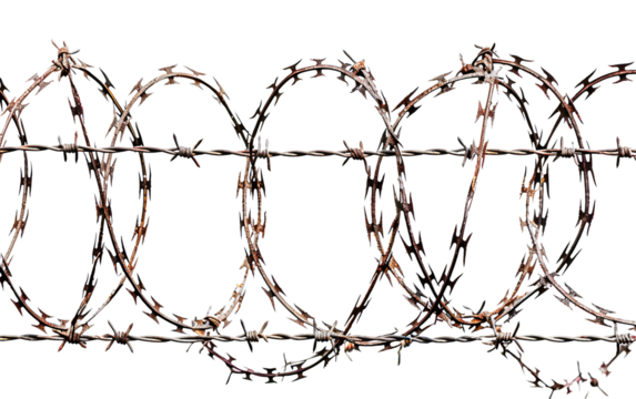 Coiled barbed wire representing confinement, security, and industrial themes.