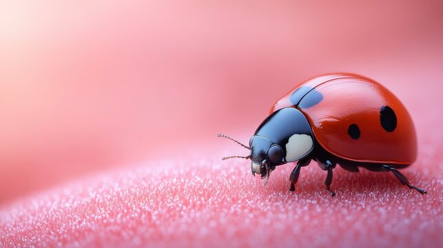 Ladybug perched on pink surface, close-up with soft lighting and shallow depth of field