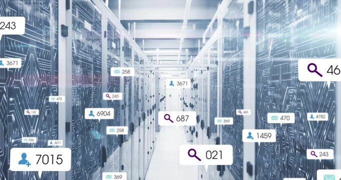 On start search icon appearing over server aisle callouts drifting surging showing live data flow