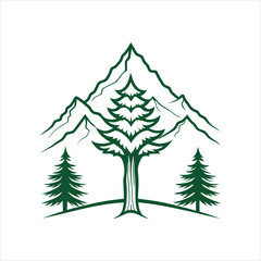 Fototapeta premium Minimal Cedar Tree with Mountain Silhouette Vector