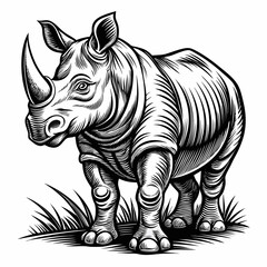 Fototapeta premium Sketch Rhinoceros black and white illustration. Rhino drawn sketch in doodle style on a white background. Illustrated in vintage hand-drawn style.