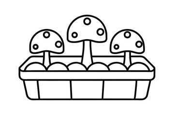 Three adorable cartoon mushrooms planted in a basket