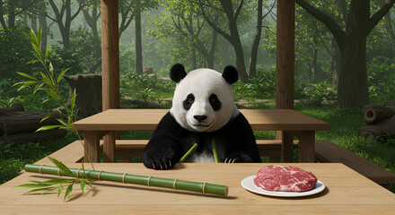 A panda enjoys a peaceful picnic in the woods.