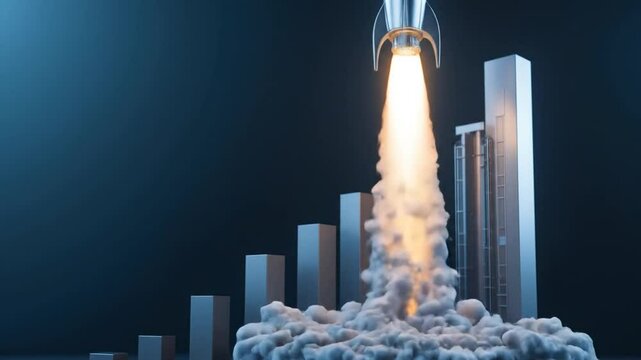 3D shiny silver rocket launches next to tall bar graph. 4k video