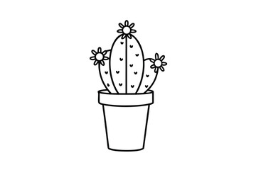Blooming cactus in a pot simple line art illustration