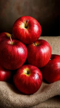 A pyramid of polished red apples stacked on a rough textured burlap sack in a dark, moody studio setting with detailed focus and texture.
