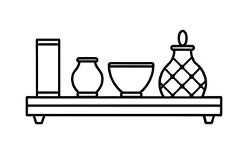 Simple line drawing of pottery on a shelf