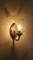 Lit wall sconce with glass shade on textured plaster wall