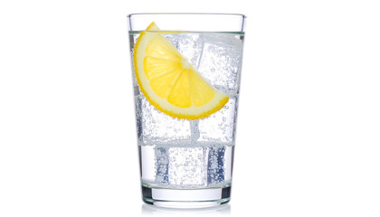 Tall glass of sparkling water with lemon slice inside