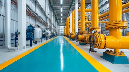 A bright industrial building interior features a long walkway leading past large yellow process pipelines and blue production equipment.