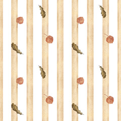 Seamless autumn pattern with vertical stripes and leaves. Handmade watercolor illustration. For packaging, textiles, wallpaper, printing and wrapping paper, for tablecloths, curtains and home decor.