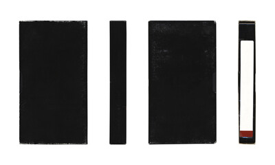 VHS videocassette in black black cover sleeve, multiple angles, mockup with blank space on transparent background