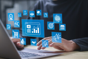 Plakat Digital marketing technology online concept. SEO, Advertising, Ecommerce, business online marketing, direct sale, digital marketing strategies and goals.