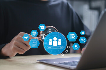 New job search online concept. Find your career, recruiting, finding jobs, hiring human resources. Person using laptop to searching job and fill out personal data on job website.