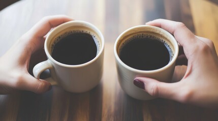 Close up of two hands holding mugs filled with dark black coffee on a brown wooden table ready to be enjoyed by friends.